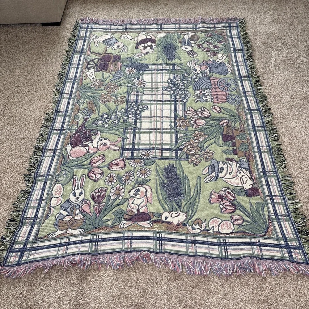 Beatrix Potter GARDEN RABBITS Woven Afghan Tapestry Blanket Throw Easter Spring